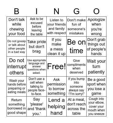 Manners Bingo Card