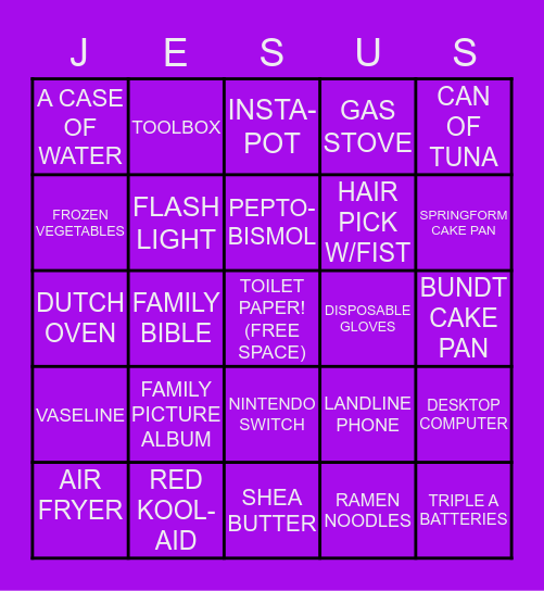 Holy Quarantine!!!!  Let's Shout for Jesus!!! Bingo Card