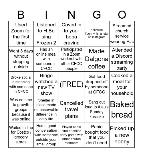 CFCC Quarantine Bingo Card