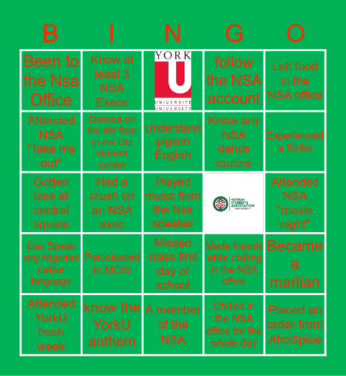 NSA 🇳🇬 York U Bingo Card