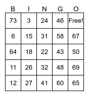 NUMBER 1-75 Bingo Card