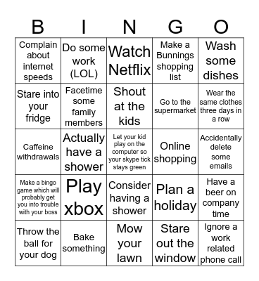 Things to do while working from home Bingo Card