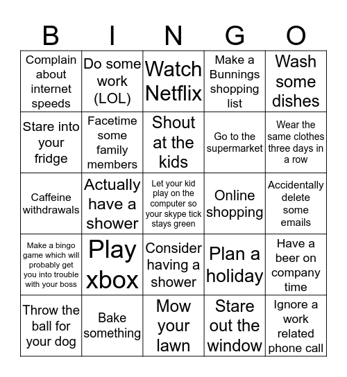 Things to do while working from home Bingo Card