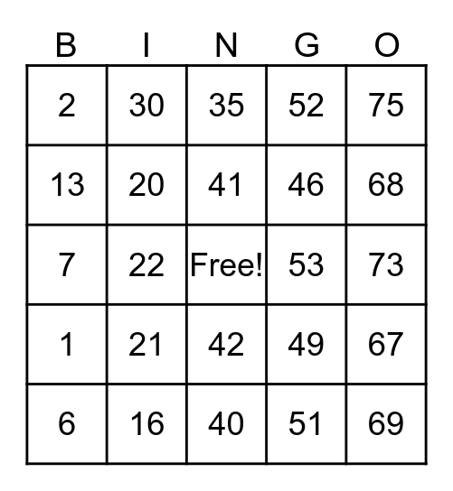 NUMBER BINGO 1-75 Bingo Card