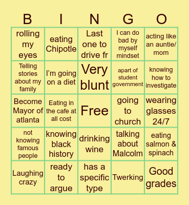 Nia’s Bingo Card