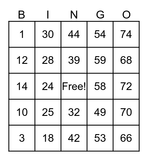 NUMBER BINGO 1-75 Bingo Card