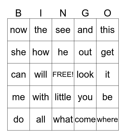 Kindergarten Sight Words Bingo Card