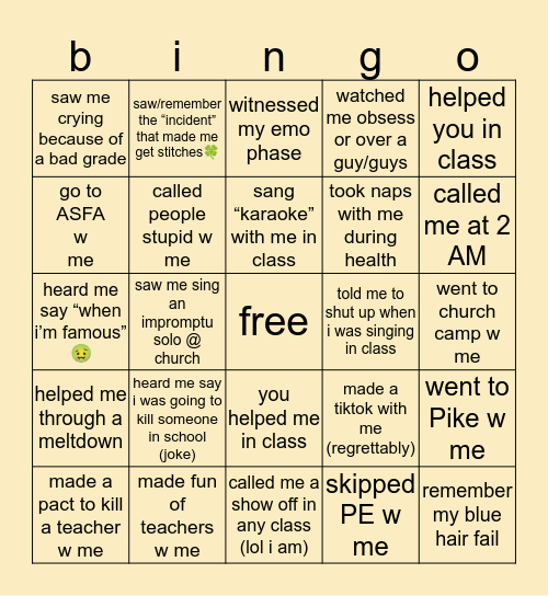 Kacie’s 3 AM Bingo Card