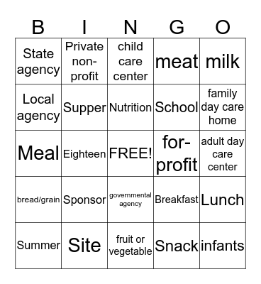 Child and Adult Care Food Program / Summer Food Service Program Bingo Card