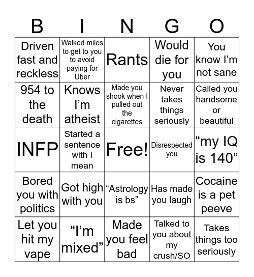 J. “the crackhead”O.’s Bingo Card