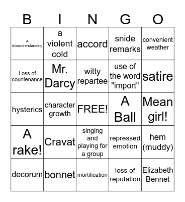 Jane Austen BINGO Card