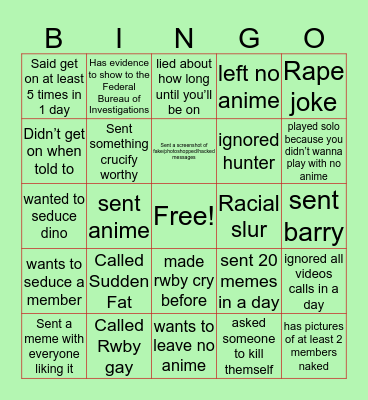 No Anime Bingo Card