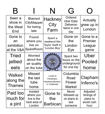 London Eye Candy London Bingo Card