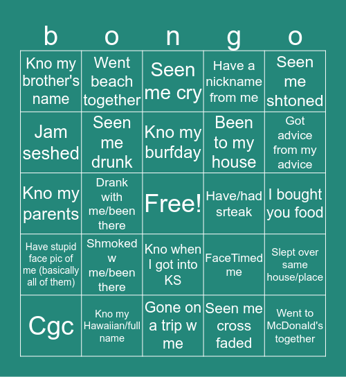Loowith bongo Bingo Card