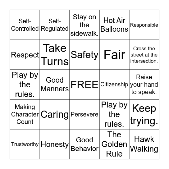 Character Counts Bingo Card