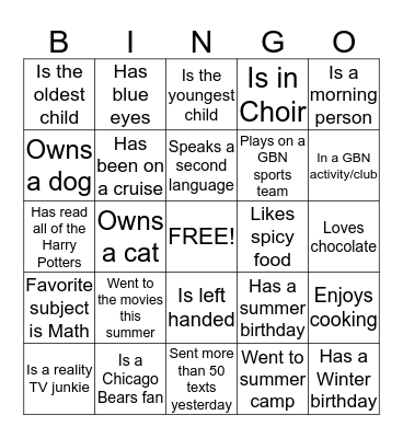 Driver Ed. Bingo Card