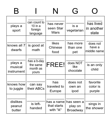 Getting To Know You Bingo Card