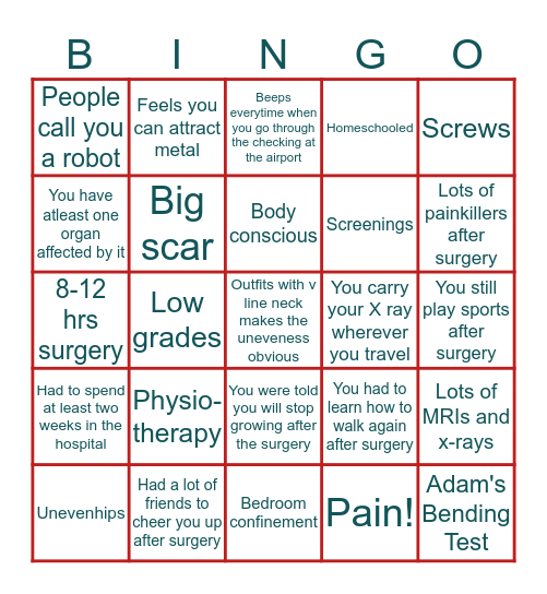 Scoliosis Bingo Card