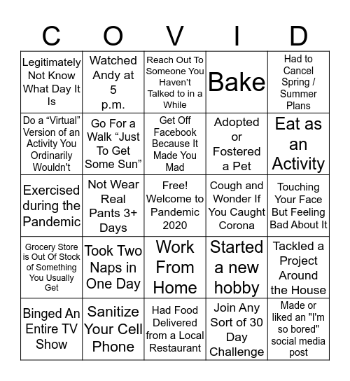 SSW Quarantine Bingo Card