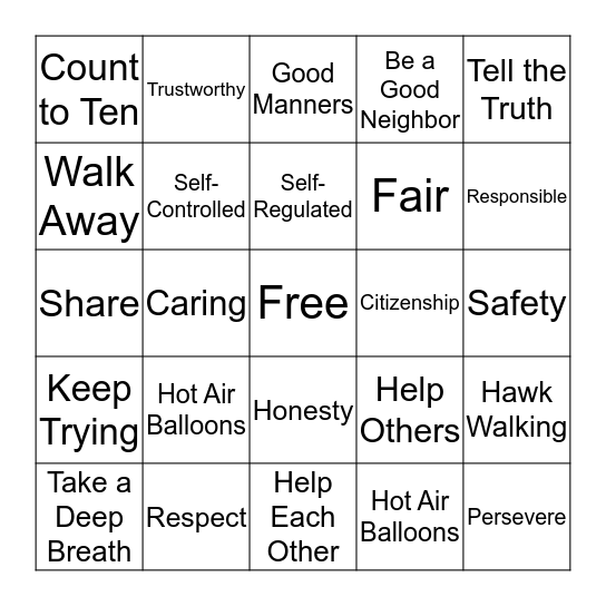 Character Counts Bingo Card