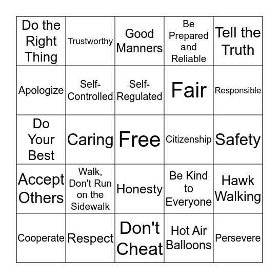 Character Counts Bingo Card