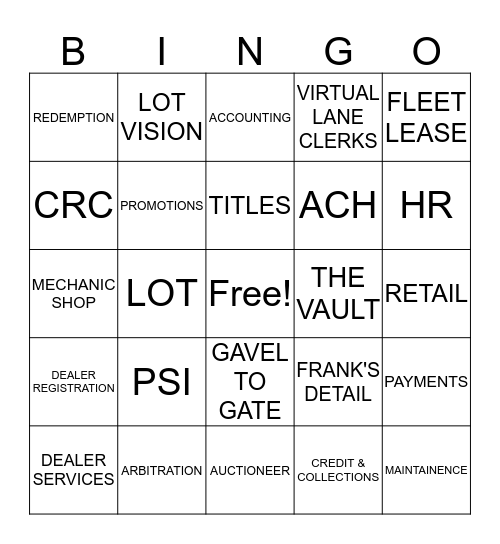 Auction Bingo Card