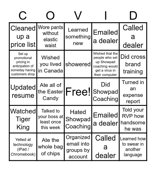 Covid 19 Bingo Card