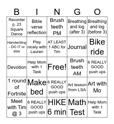 Wednesday Bingo Card