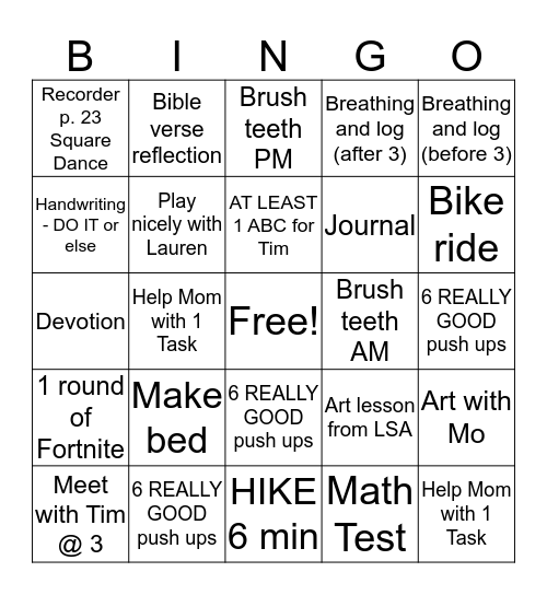 Wednesday Bingo Card