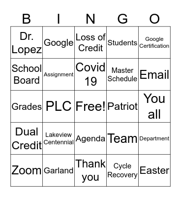 Lakeview Staff Meeting BINGO Card