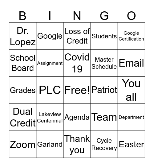 Lakeview Staff Meeting BINGO Card