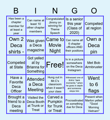 Meadowcreek Deca Bingo Card