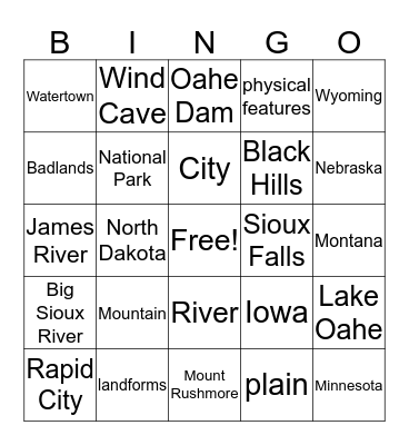 South Dakota Geography Bingo Card