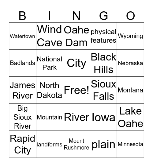 South Dakota Geography Bingo Card