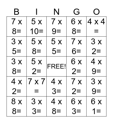Multiplication Bingo Card