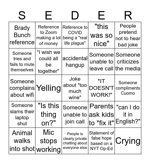 Zoom Seder Bingo Card