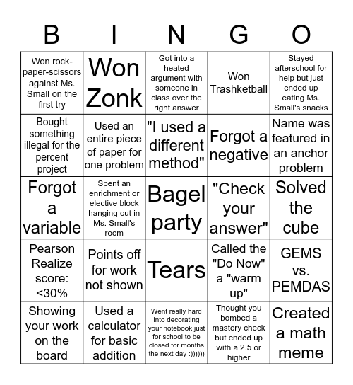 7th Grade Accelerated Math Bingo Card