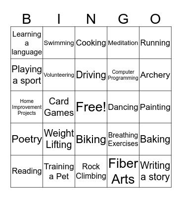 Activities Bingo Card