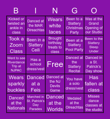 SLATTERY IRISH DANCE Bingo Card