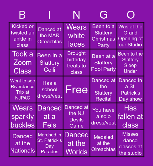 SLATTERY IRISH DANCE Bingo Card