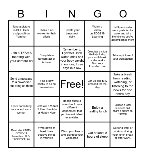 BGE Bingo Card