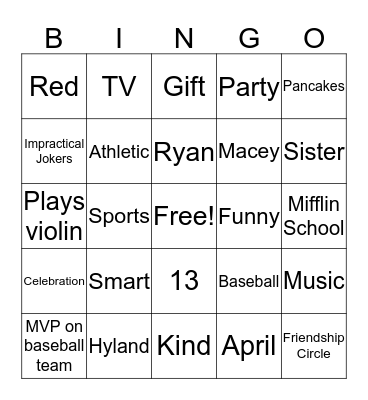 Ryan's Birthday Bingo! Bingo Card