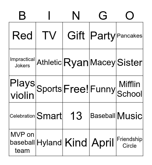Ryan's Birthday Bingo! Bingo Card