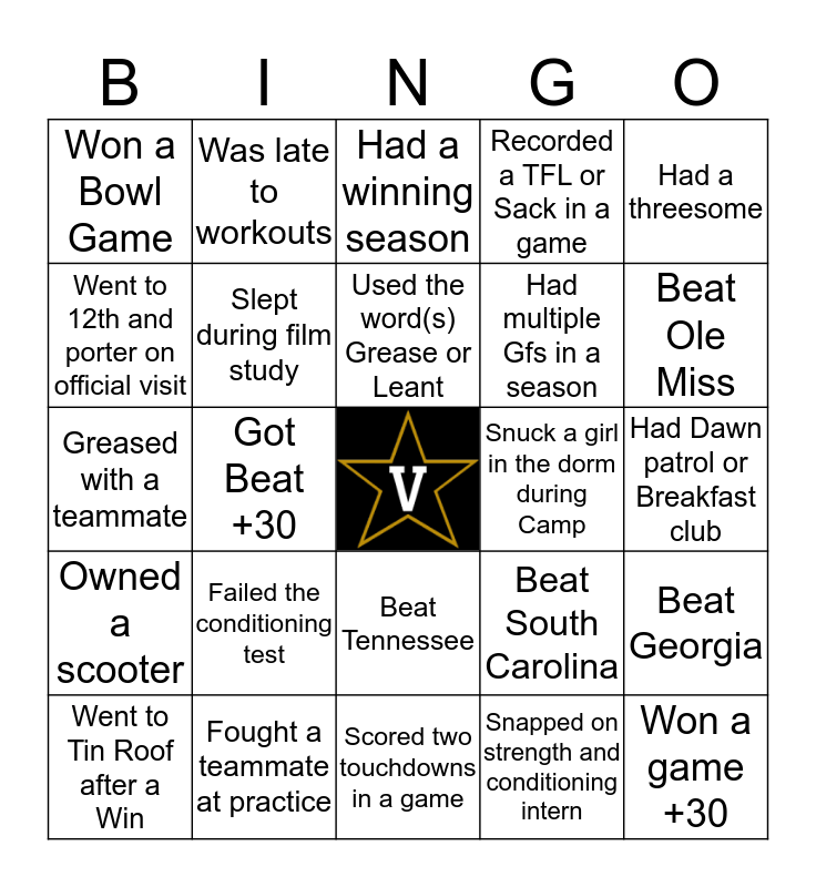 Vanderbilt Football Bingo Card