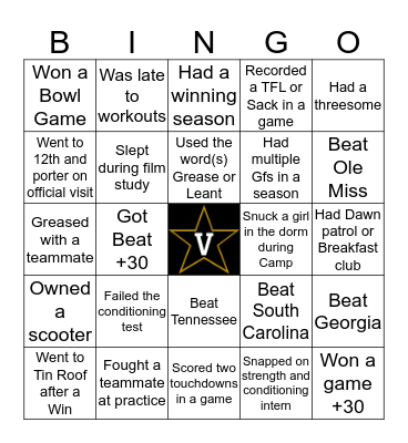 Vanderbilt Football Bingo Card