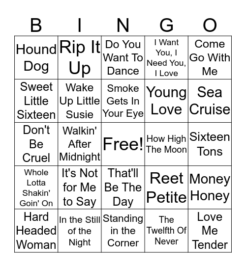 Songs of the 50's Bingo Card
