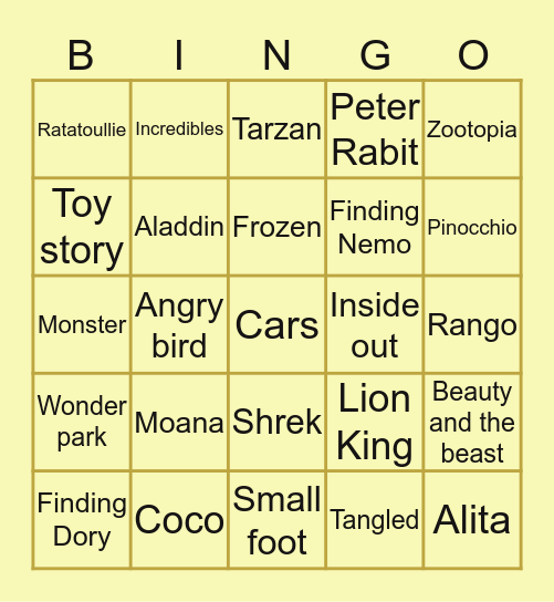 Animation Movies Bingo Card