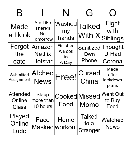 Quarantine Bingo Card