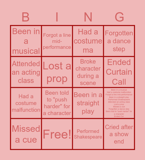 Theatre Bingo Card