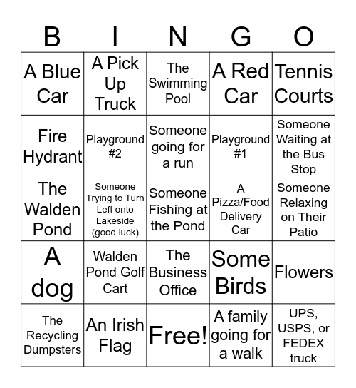 Walden Pond Walking Bingo Card